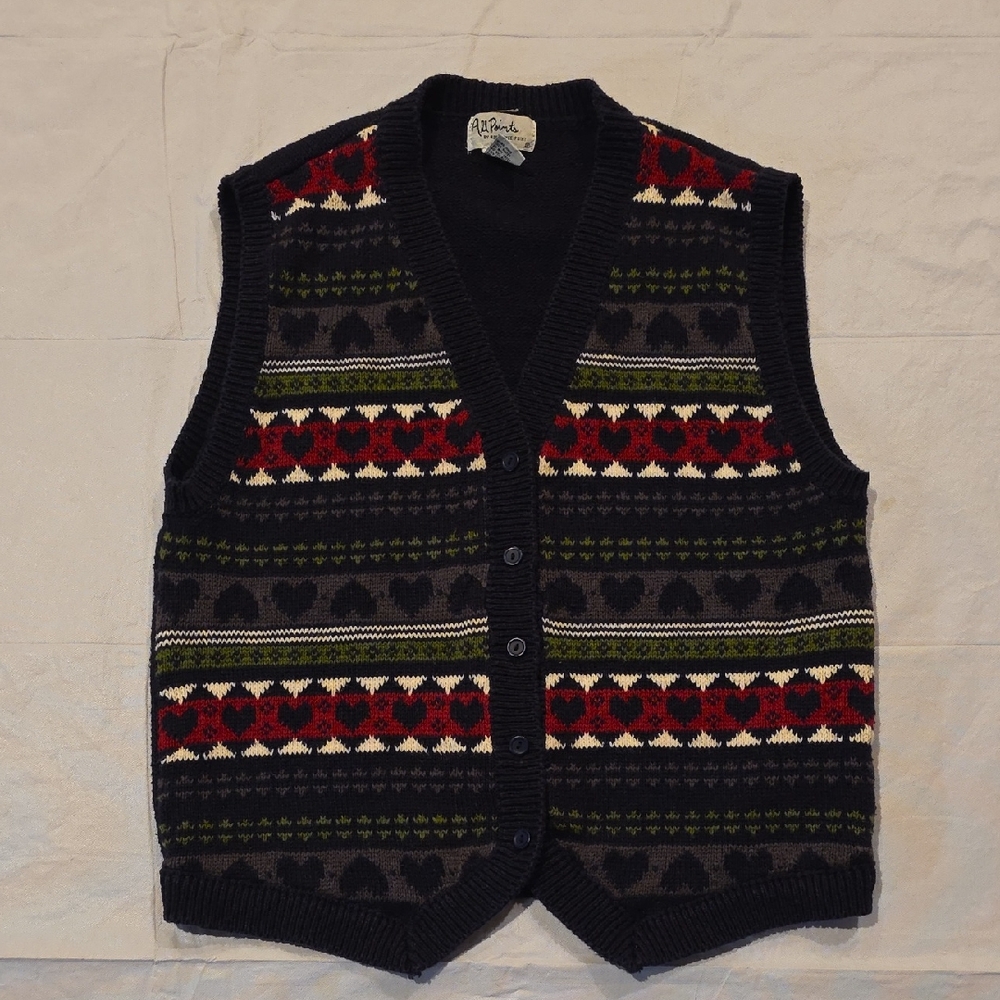 Vintage All Points Women's Knit Sweater Vest Hearts Navy Blue Red Green M‎
